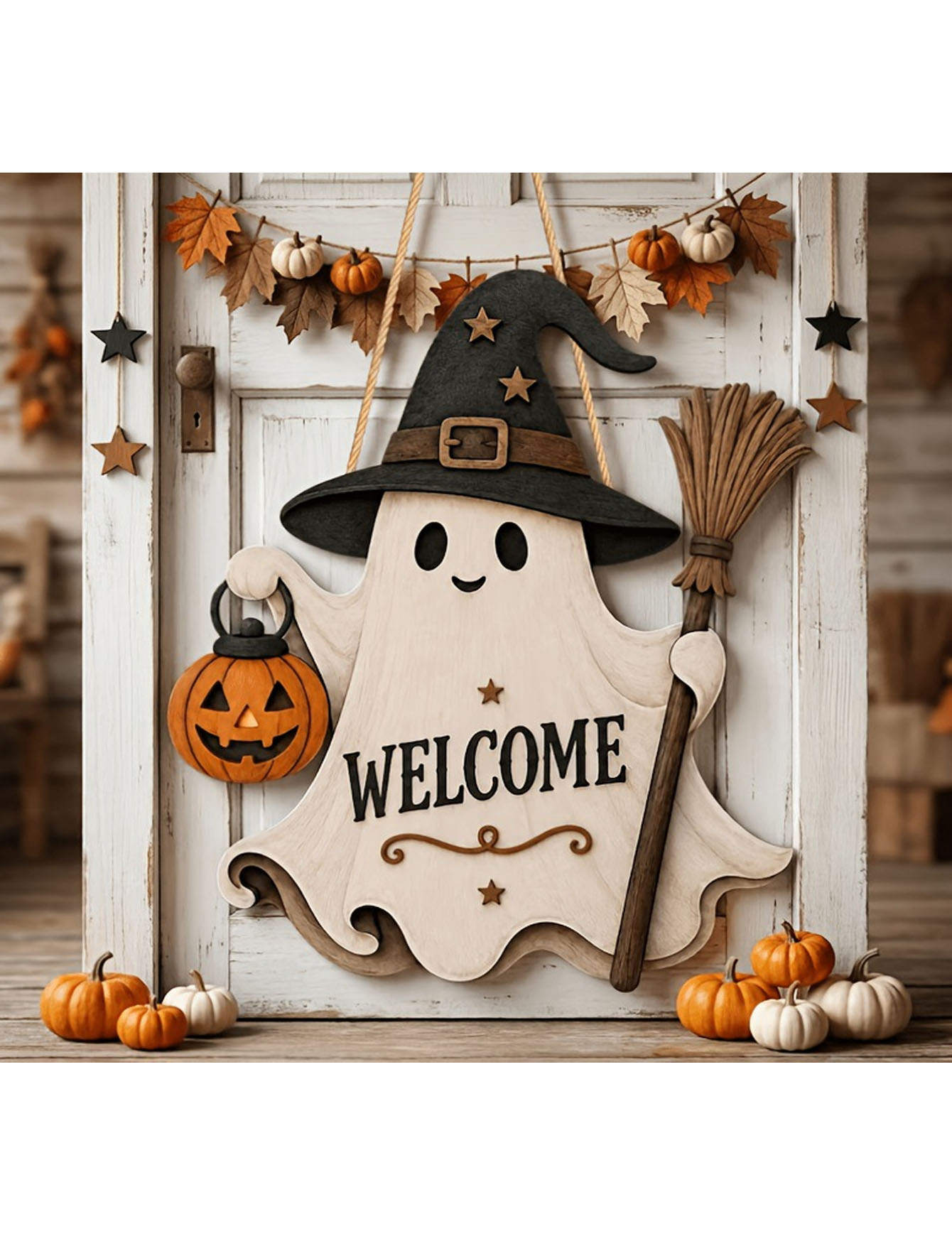 Pumpkin Lantern Halloween - لوحة باب خشبية مسطحة ثنائية الأبعاد